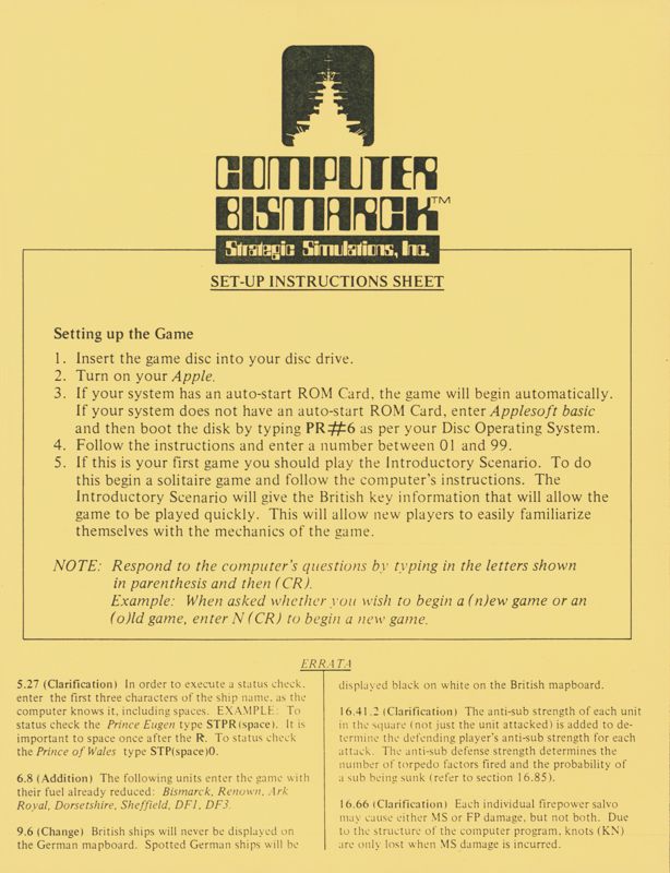 Extras for Computer Bismarck (Apple II) (Different Sticker on the Disk): Instruction Sheet