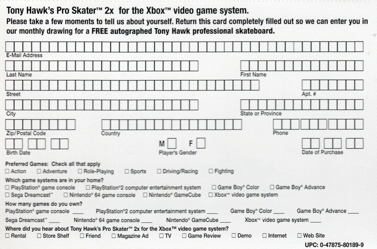 Other for Tony Hawk's Pro Skater 2x (Xbox): Registration card - survey side