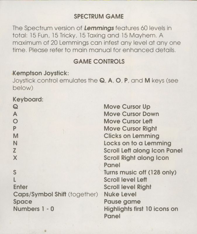 Reference Card for Lemmings (ZX Spectrum)