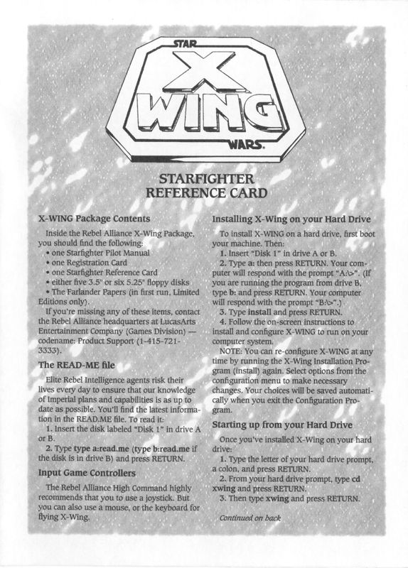 Reference Card for Star Wars: X-Wing (DOS): Front