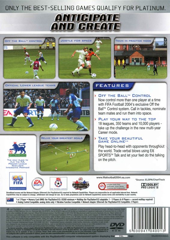 Back Cover for FIFA Soccer 2004 (PlayStation 2) (Platinum release)