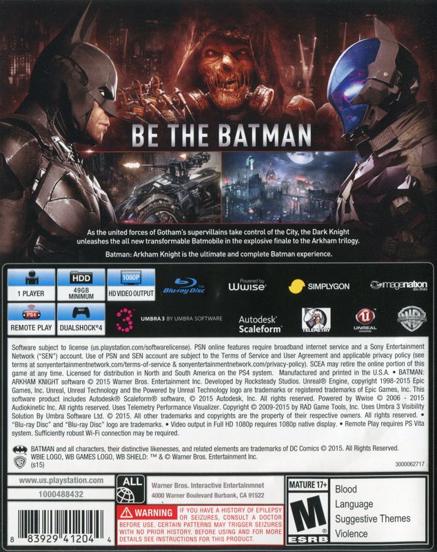 Back Cover for Batman: Arkham Knight (PlayStation 4)