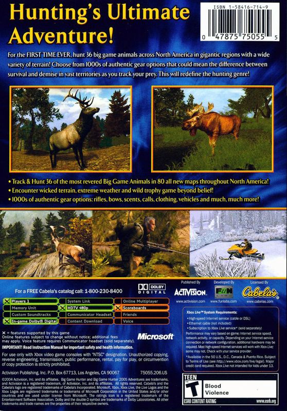 Back Cover for Cabela's Big Game Hunter 2005 Adventures (Xbox)