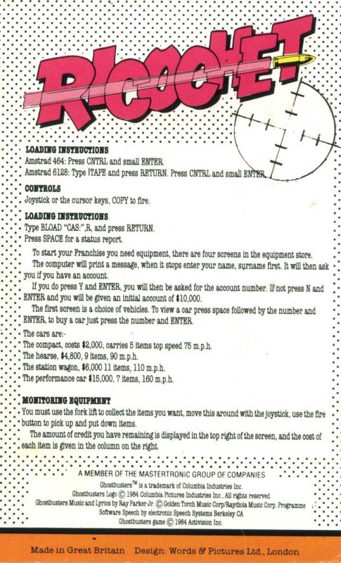 Inside Cover for Ghostbusters (Amstrad CPC) (Budgtet re-release)