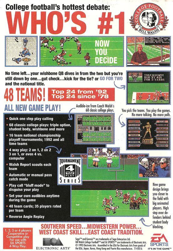 Back Cover for Bill Walsh College Football (Genesis)