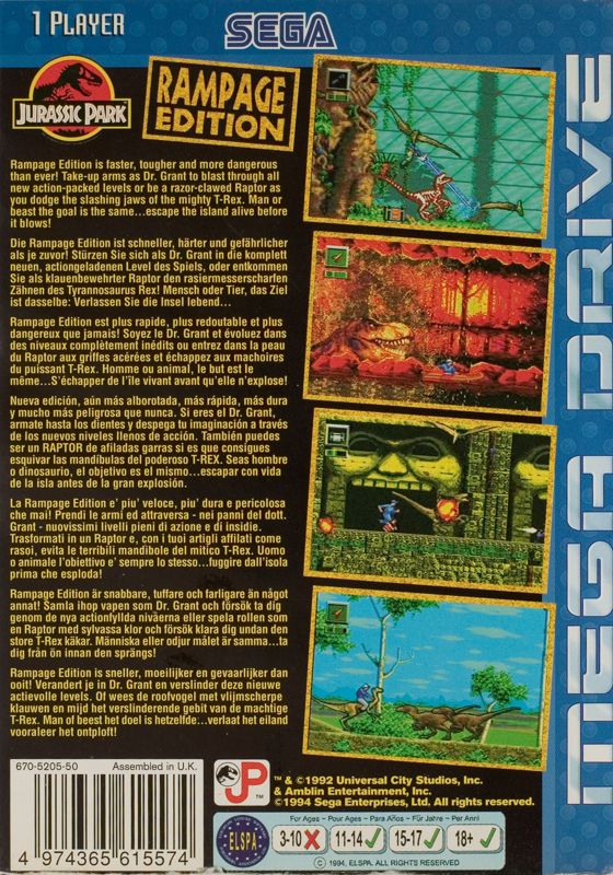 Back Cover for Jurassic Park: Rampage Edition (Genesis)