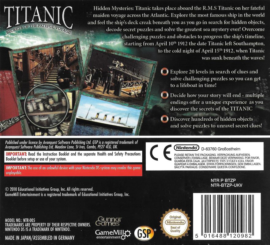 Back Cover for Hidden Mysteries: Titanic - Secrets of the Fateful Voyage (Nintendo DS)