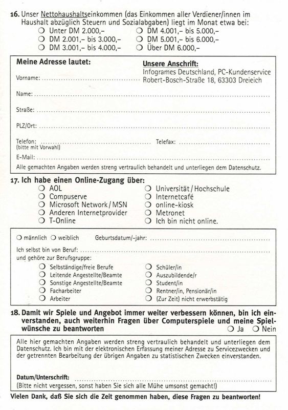 Extras for Outcast (Windows) (Best of Infogrames release): Registration Card - Back
