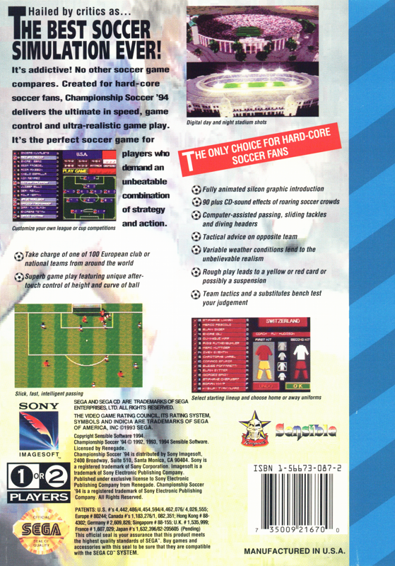 Back Cover for Championship Soccer '94 (SEGA CD)