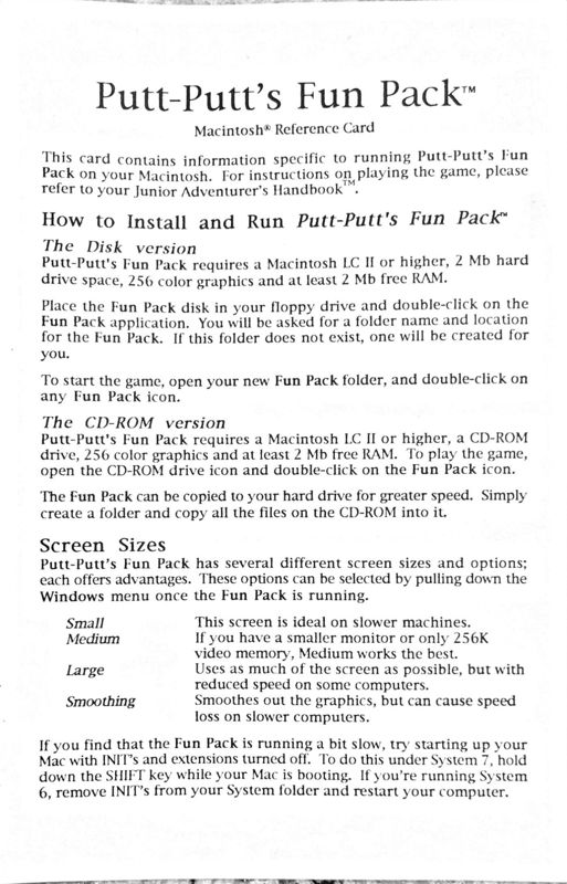 Reference Card for Putt-Putt's Fun Pack (Macintosh) (This is packaged in a one piece box with somewhat unusual dimensions for a game at the time: 9" x 7" x 1.5".): Front