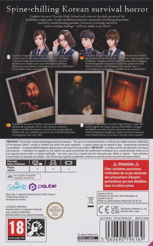 Back Cover for White Day: A Labyrinth Named School - Ultimate Horror Edition (Nintendo Switch)