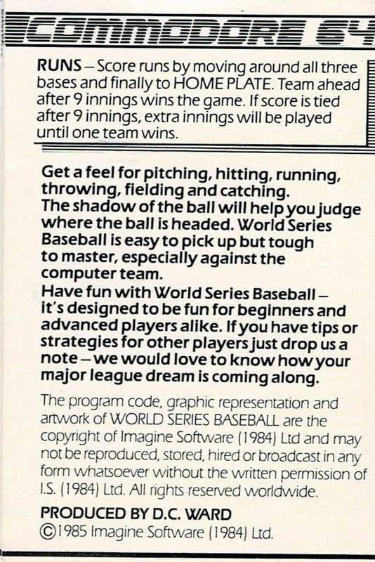 Manual for The Slugger (Commodore 64): Back