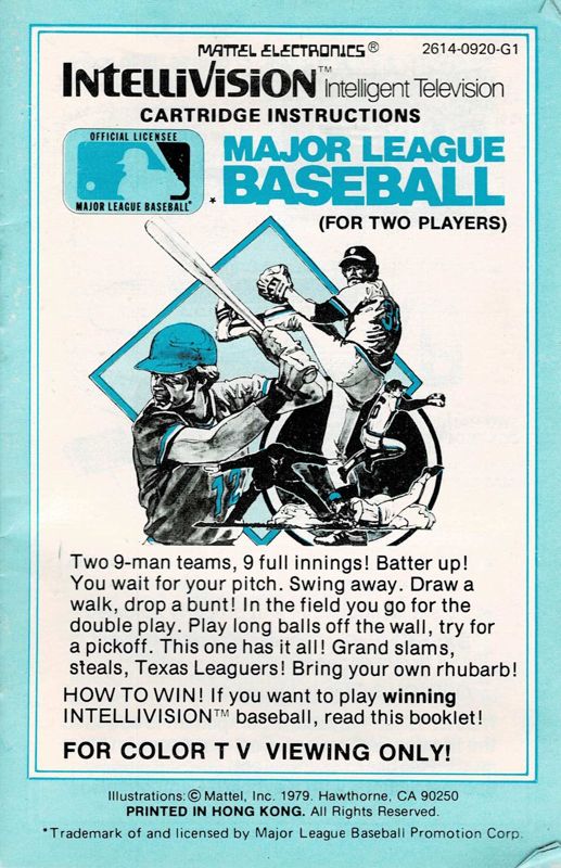 Manual for Major League Baseball (Intellivision): Front
