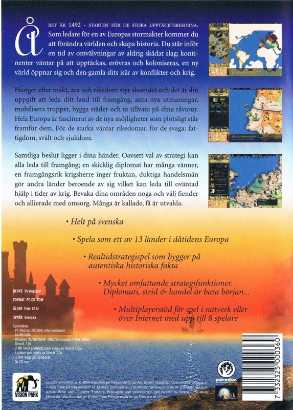 Back Cover for Europa Universalis (Windows) (Alternate Cover - with coloured logos, no web-link.)