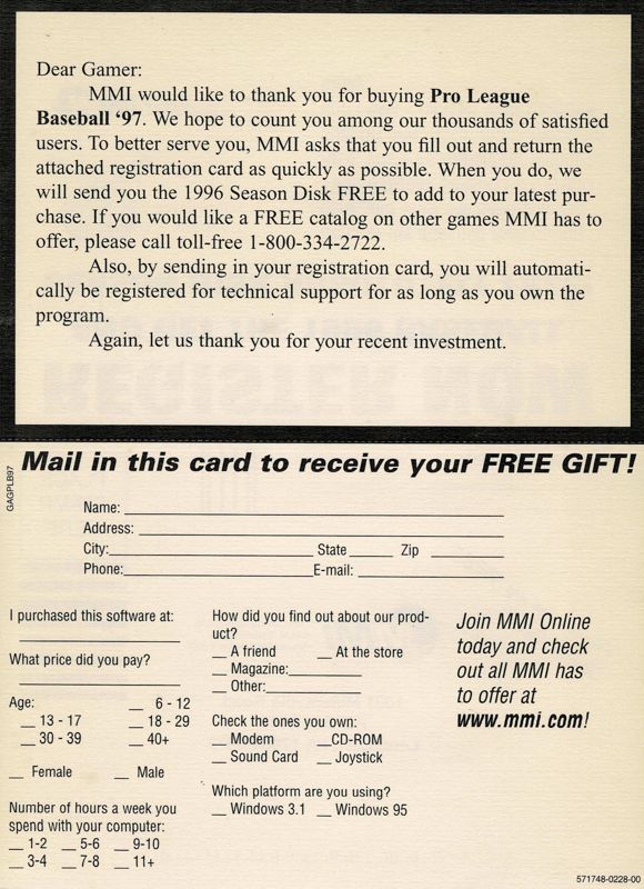 Extras for Pro League Baseball '97 (DOS): Registration Card - Back