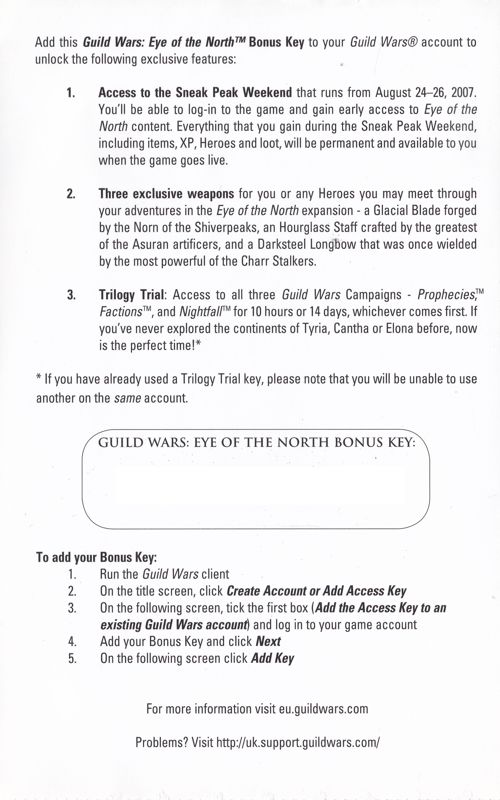 Other for Guild Wars: Eye of the North (Prerelease Bonus Pack) (Windows): Key Code Booklet: Contents