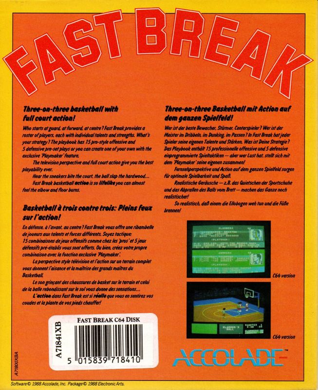 Back Cover for Fast Break (Commodore 64) (Floppy disk release for Germany. Photos from my private collection.)