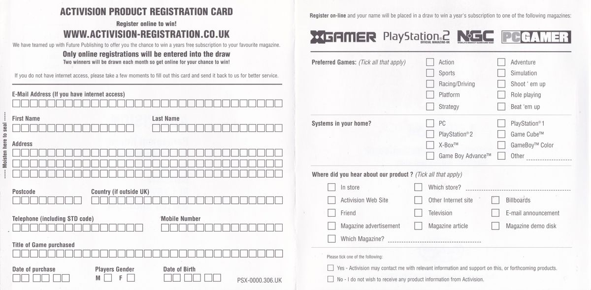 Extras for Minority Report: Everybody Runs (PlayStation 2): Registration Card - Inside