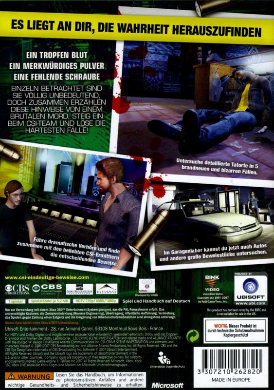 Back Cover for CSI: Crime Scene Investigation - Hard Evidence (Xbox 360)