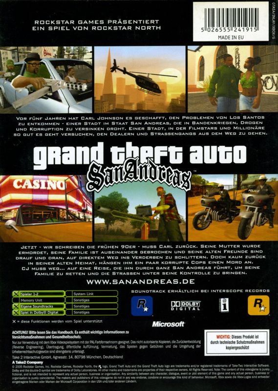 Back Cover for Grand Theft Auto: San Andreas (Xbox)