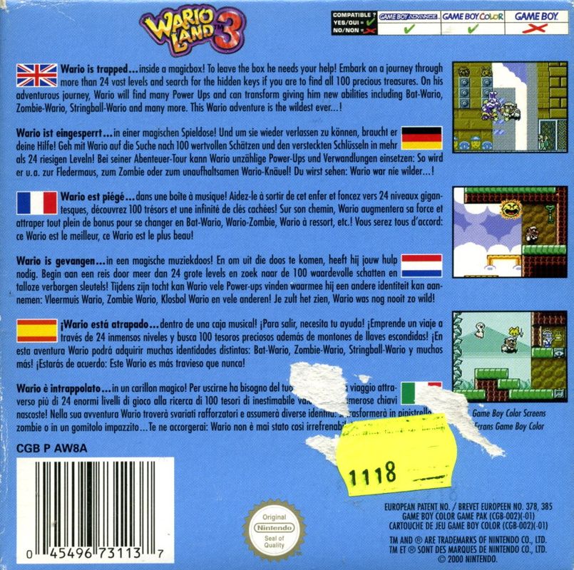 Back Cover for Wario Land 3 (Game Boy Color) (Deviating Back Cover)