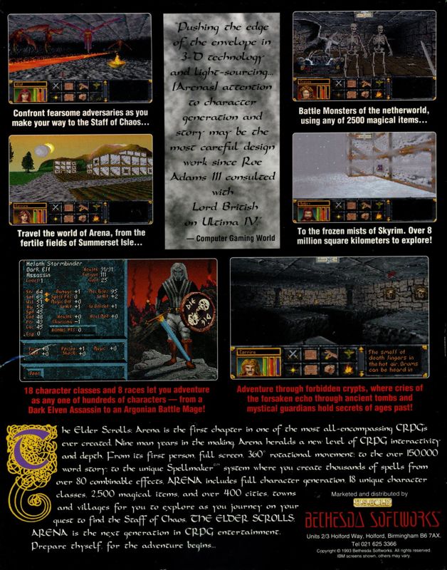 Back Cover for The Elder Scrolls: Arena (DOS) (3.5" Disk Version)