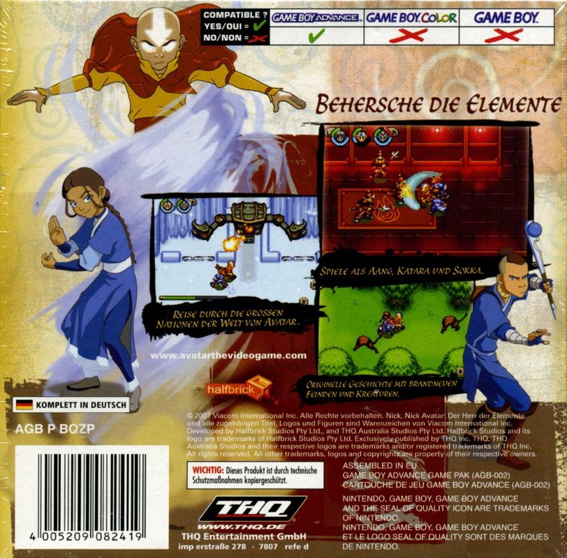 Back Cover for Avatar: The Last Airbender (Game Boy Advance)