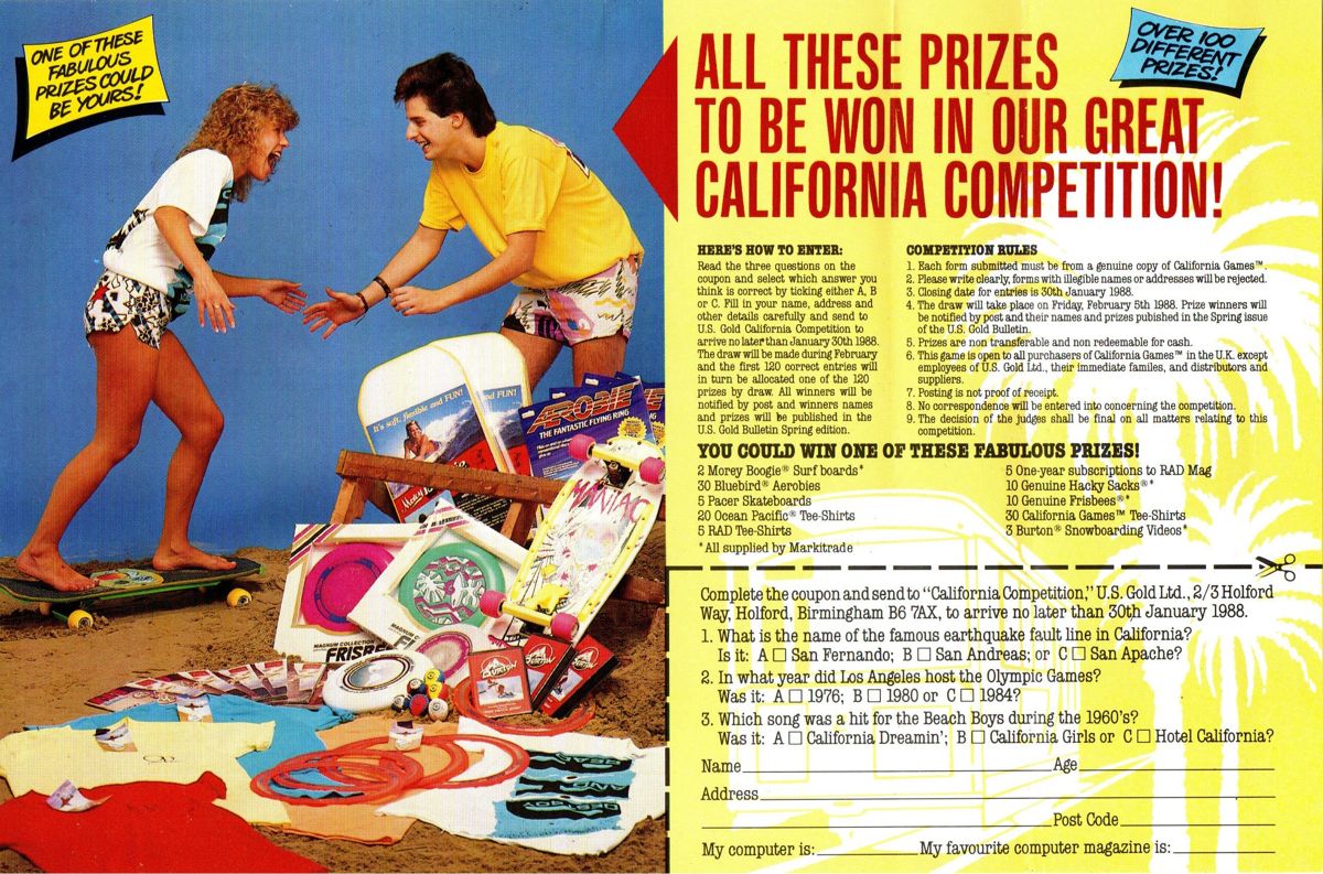 Inside Cover for California Games (Commodore 64) (Floppy Disk Release)