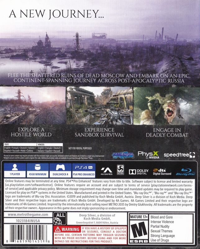 Back Cover for Metro: Exodus (PlayStation 4)