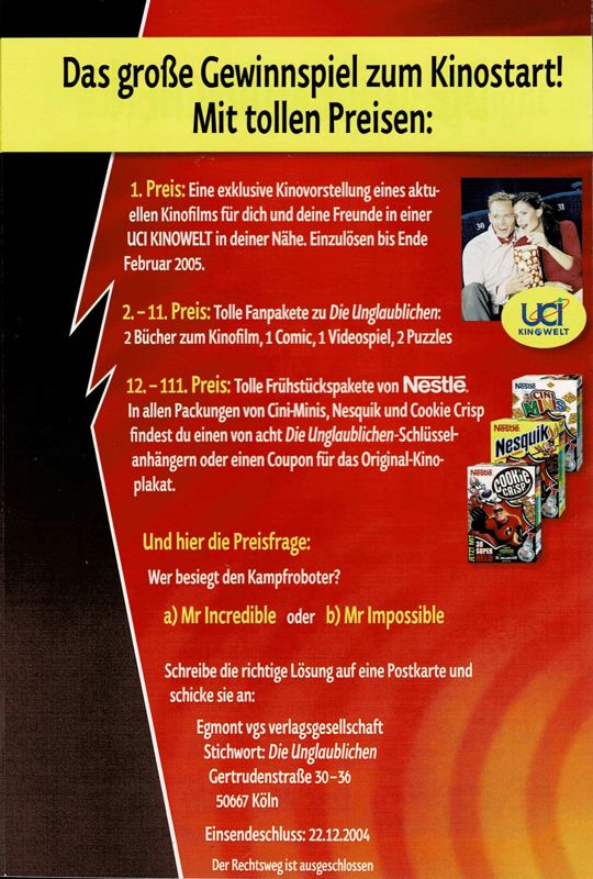 Advertisement for The Incredibles: When Danger Calls (Macintosh and Windows): Back