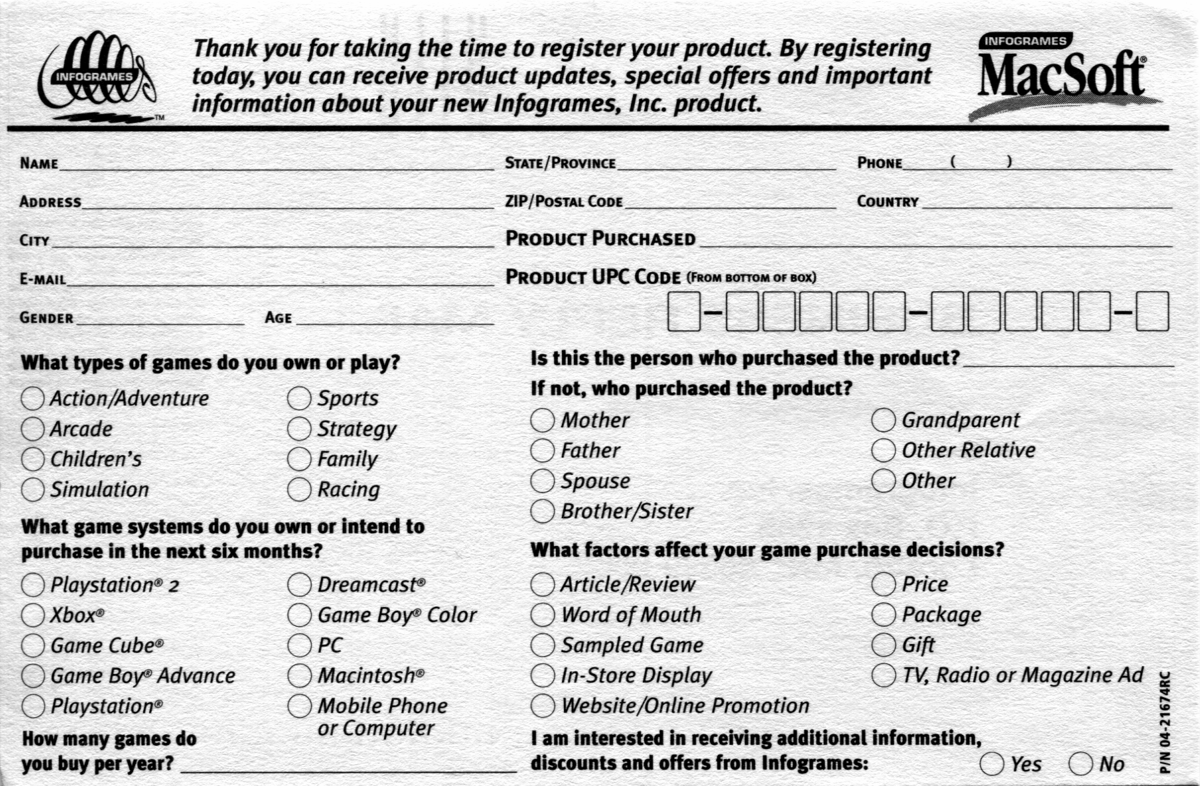 Extras for Backyard Basketball (Macintosh and Windows): Registration Card - Front