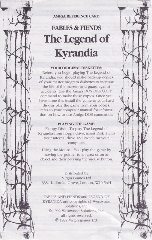 Reference Card for Fables & Fiends: The Legend of Kyrandia - Book One (Amiga): Front