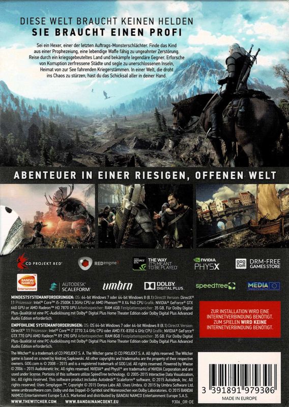 Back Cover for The Witcher 3: Wild Hunt (Windows)