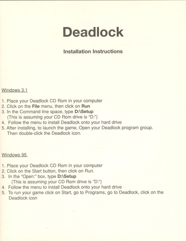 Manual for Deadlock: Planetary Conquest (Windows and Windows 16-bit) (EA CD-ROM Classics release): Install Instructions - Page 1 (of 4)