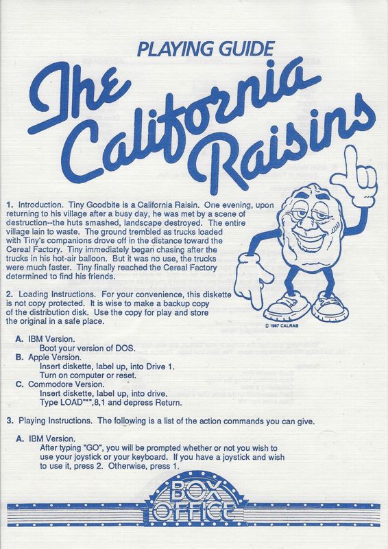 Manual for The California Raisins (Commodore 64)