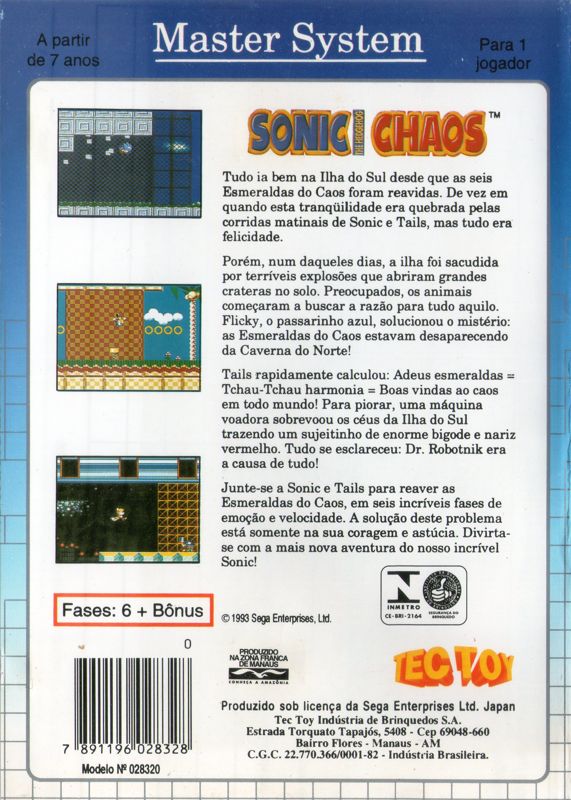 Back Cover for Sonic the Hedgehog Chaos (SEGA Master System) (Alternate release): Inmetro seal on the back cover