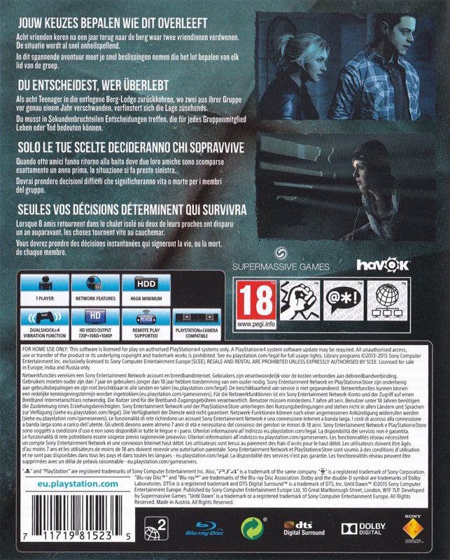 Back Cover for Until Dawn (PlayStation 4)