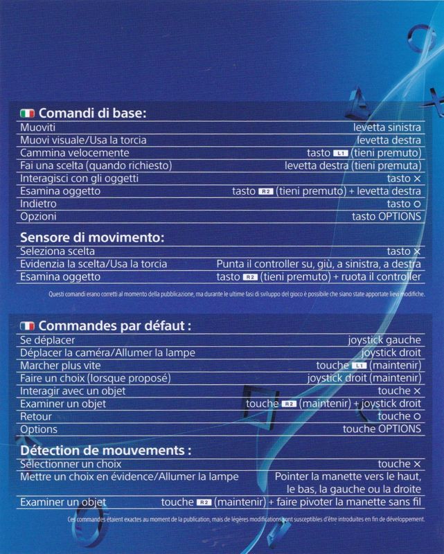 Reference Card for Until Dawn (PlayStation 4): French & Italian