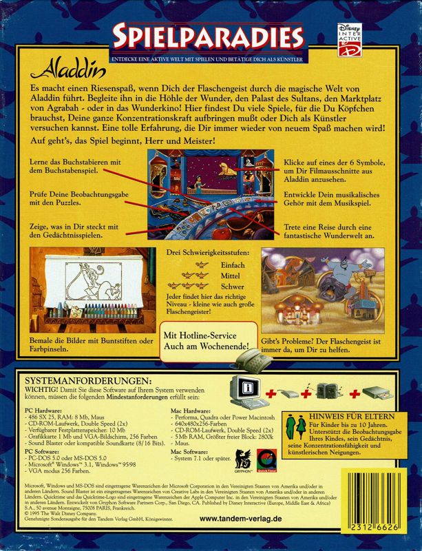 Back Cover for Disney's Activity Center: Aladdin (Macintosh and Windows 3.x) (Version 2.0)