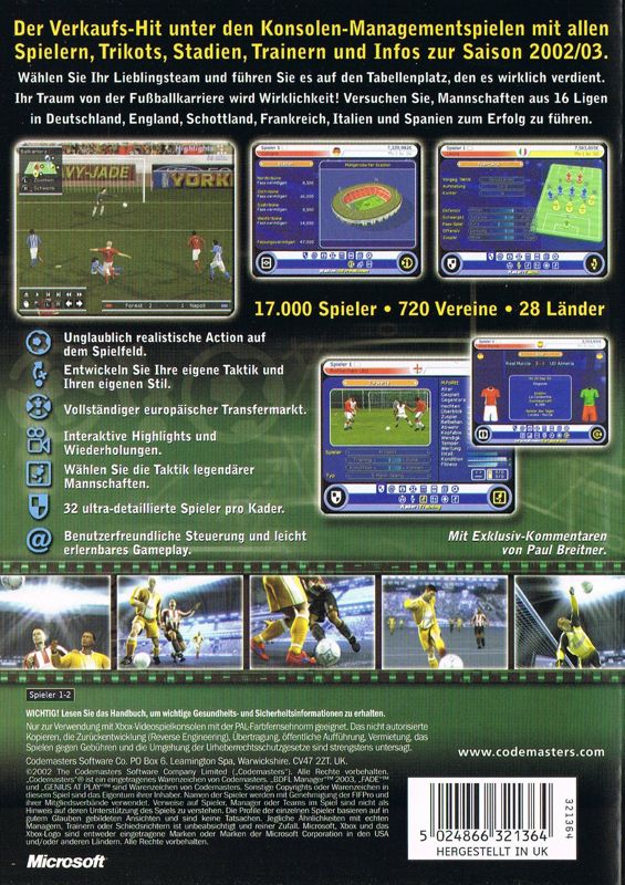 Back Cover for LMA Manager 2003 (Xbox)
