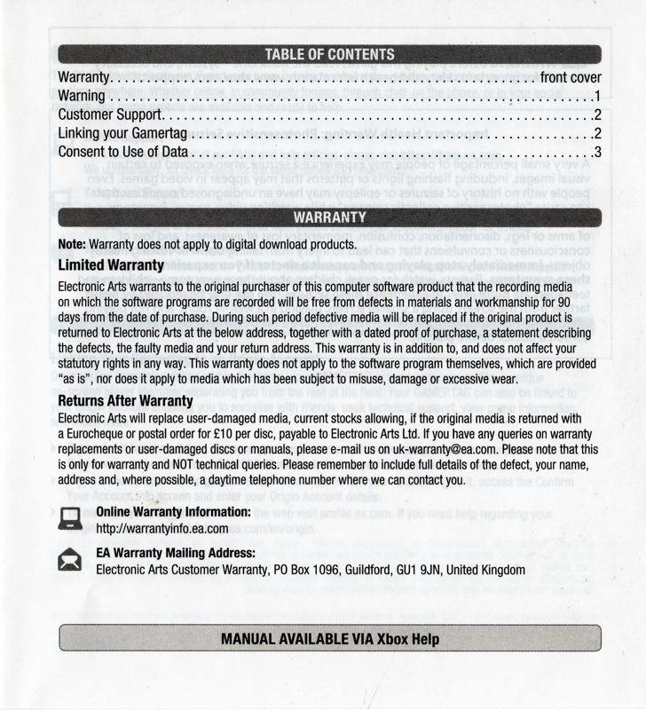 Reference Card for Titanfall (Xbox One): Legal manual (front)