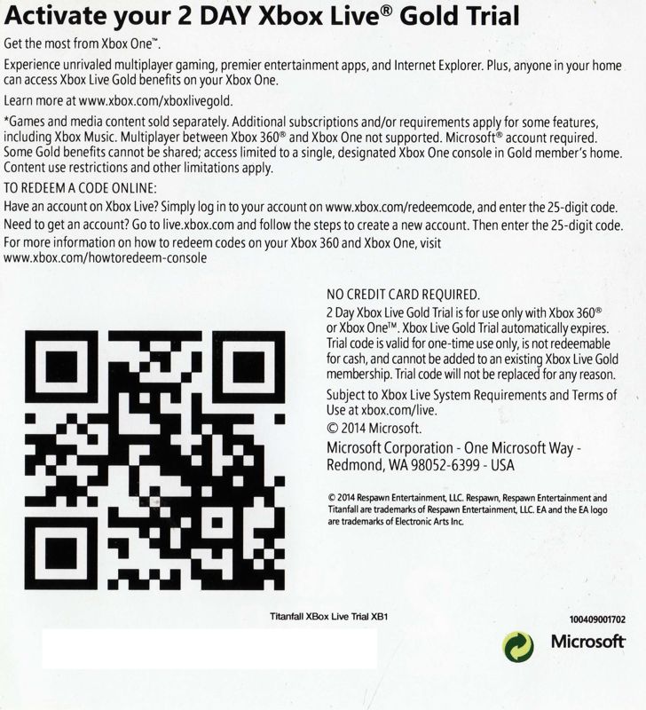 Other for Titanfall (Xbox One): Xbox Live Gold trial (back)