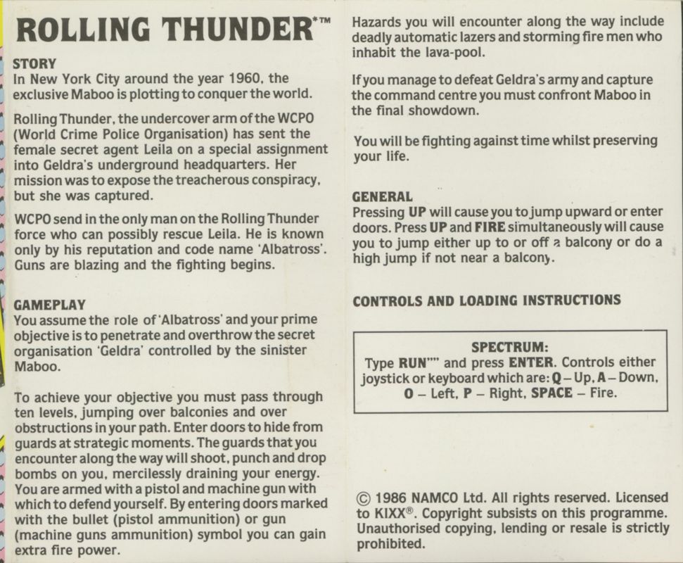 Inside Cover for Rolling Thunder (ZX Spectrum) (Budget re-release)