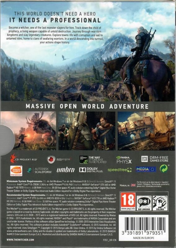 Back Cover for The Witcher 3: Wild Hunt (Windows)