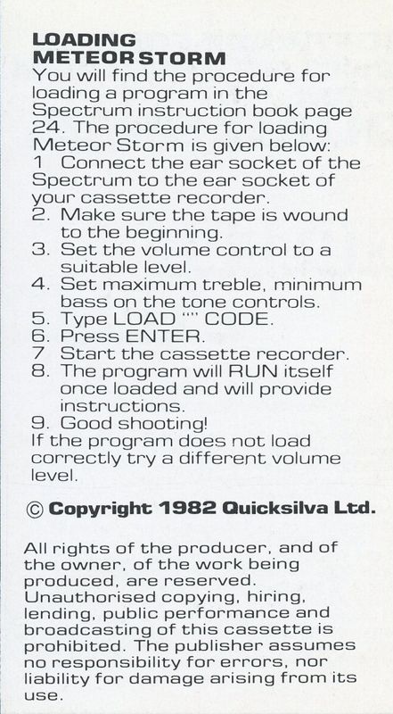 Inside Cover for Meteor Storm (ZX Spectrum) (Quicksilva's original release)