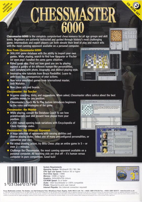 Back Cover for Chessmaster 6000 (Windows) (Ubisoft Exclusive release)