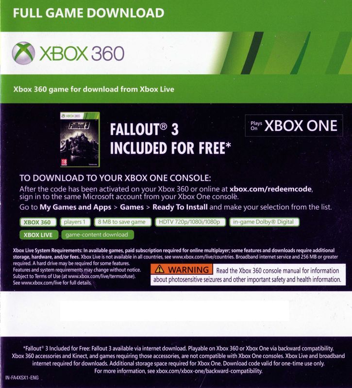 Other for Fallout 4 (Xbox One): Fallout 3 download code (front)