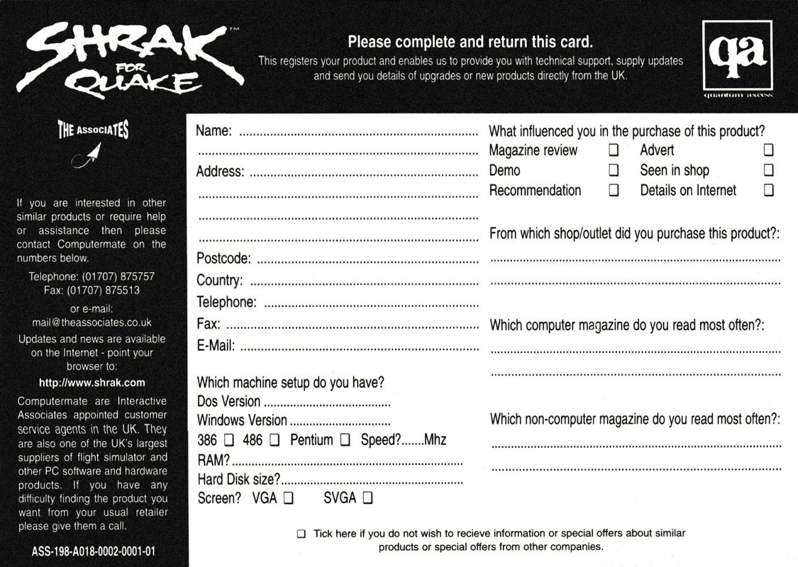 Extras for Shrak for Quake (DOS and Windows): Registration Card - Back