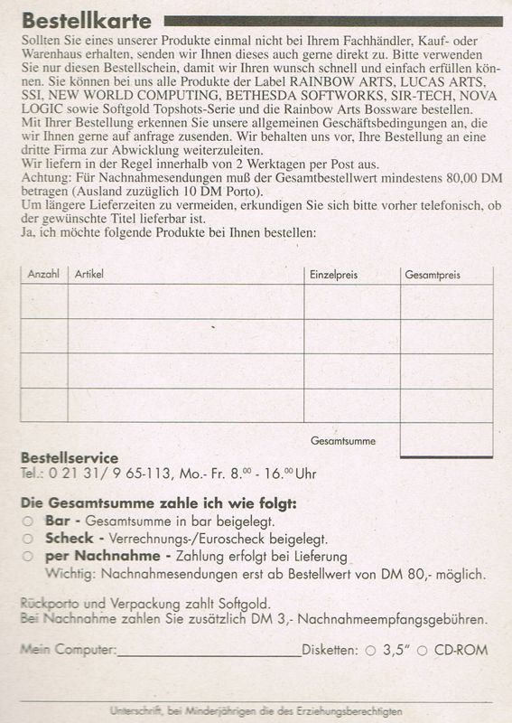 Extras for Great Naval Battles Vol. II: Guadalcanal 1942-43 (DOS) (German version): Order Card - Back