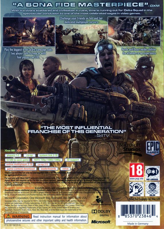 Back Cover for Gears of War 3 (Xbox 360) (European English release)
